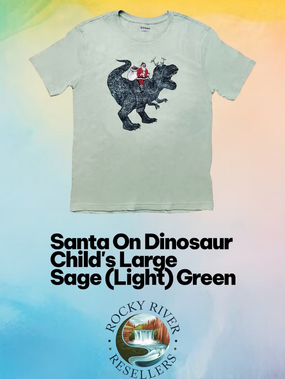 Santa On T-Rex | Front Hit | Size: L | Color: Sage Green | Old Navy